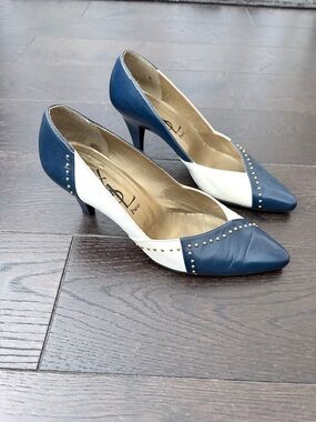Yves Saint Laurent Classic Navy and White Studded Pointed Pumps